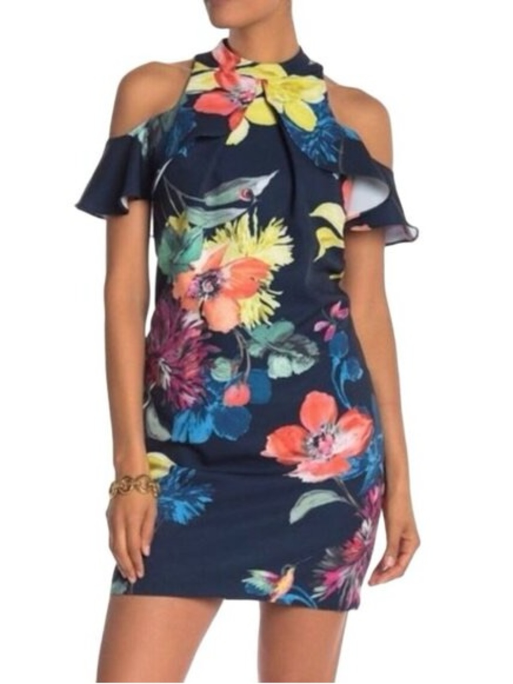 NWT Trina Turk Floral Mini Dress 10 Navy Cold Shoulder Ruffle Halter Cocktail